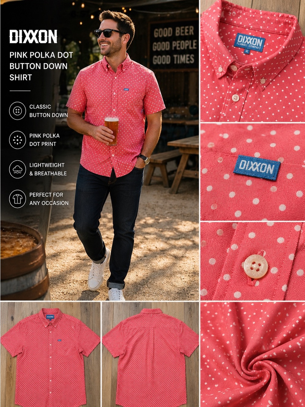 DIXXON Pink Polka Dot Button Down Shirt XL Short Sleeve Casual Mens